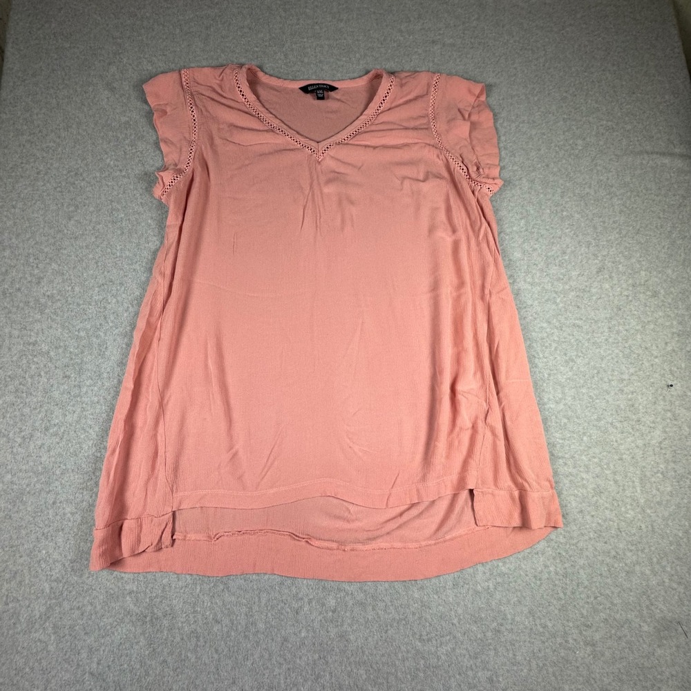 Ellen Tracy Tea Rose Pink Crochet Trim V-Neck Blouse XXL Short Sleeve High-Low